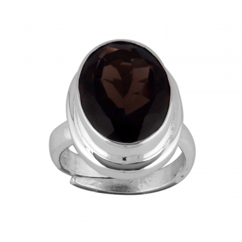 Adjustable band smoky quartz gemstone silver ring